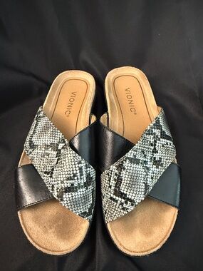 Vionic Black & Snake-Print Crossover Slide Mules